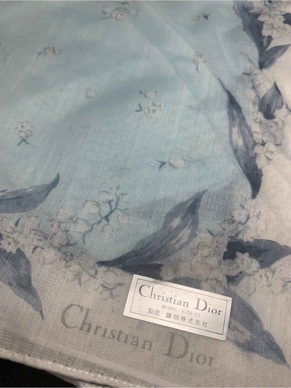 Dior Light Blue and Navy Floral Cotton Mini Scarf